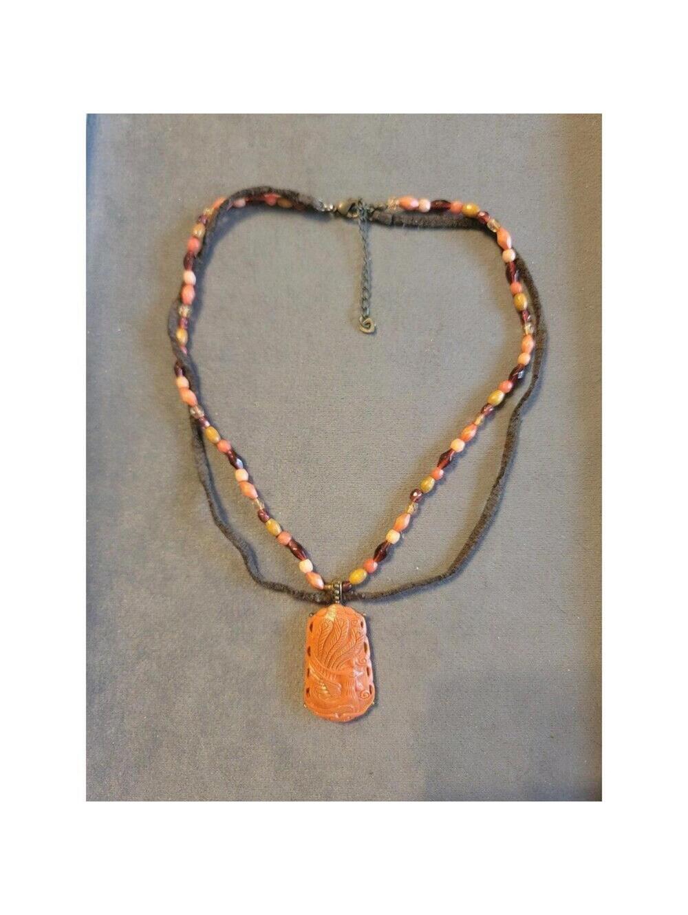 Faux Coral Carved Bird Pendant Beaded Layered Necklace